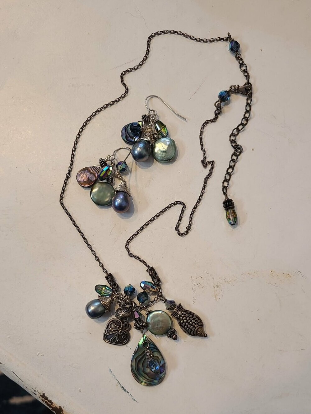 Abalone Teardrop Pendant Necklace and Earrings Set in Iridescent Blue-Green